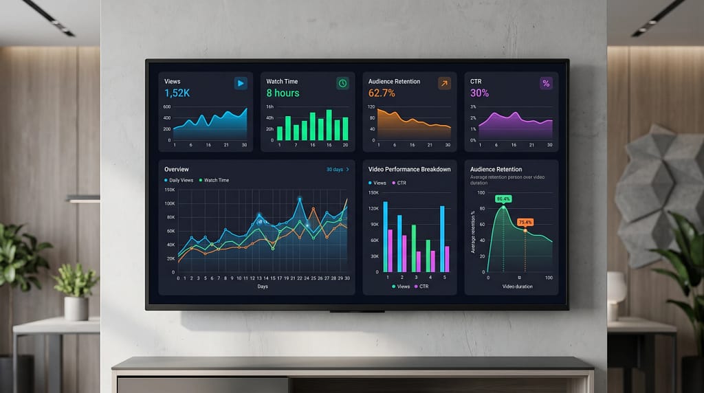 Video Analytics Checklist To Refine And Improve Ranking Strategy 1 Video analytics dashboard with performance metrics