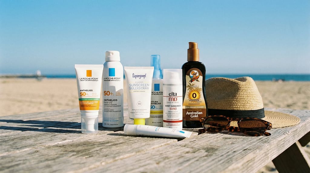 Sunscreen Or How To Protect Your Skin Year-Round Sunscreen products on a beach table
