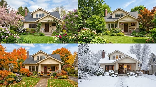 The Ultimate Guide To Home Maintenance Throughout The Year A cozy home surrounded by trees through all four seasons, representing a yearly cycle of maintenance.