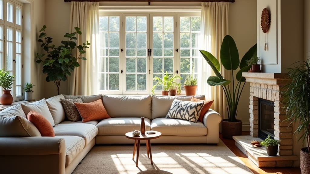 The Most Popular Home Décor Trends Cozy living room with layered textures, neutral tones, and sunlight streaming through large windows. Plants, wooden elements, and bold patterned pillows finish the cozy scene.
