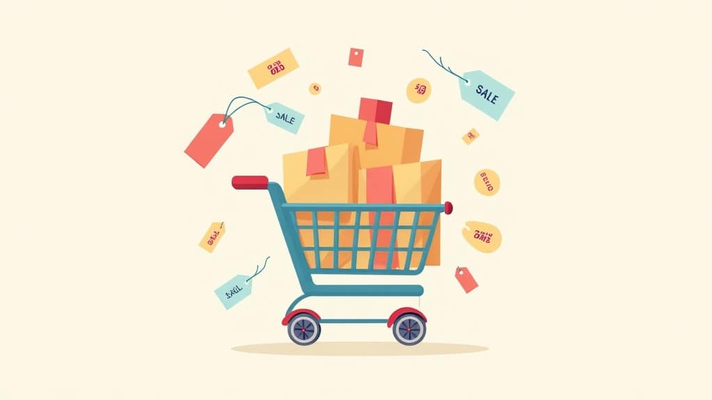 Cyber Monday Vs Black Friday: Which Has Better Deals? A digital illustration of an online shopping cart loaded with boxes, surrounded by sale tags and discount labels in a cheerful color palette.