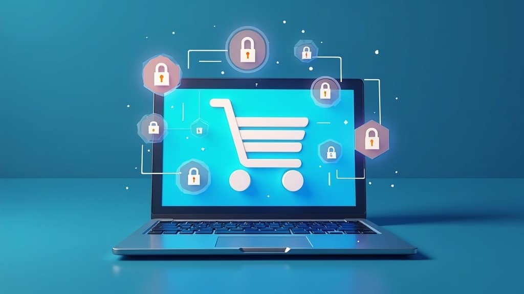 Tips To Avoid Online Scams During Cyber Monday A laptop with a shopping cart symbol on the screen, surrounded by icons of locks and shields, suggesting cybersecurity during online shopping.