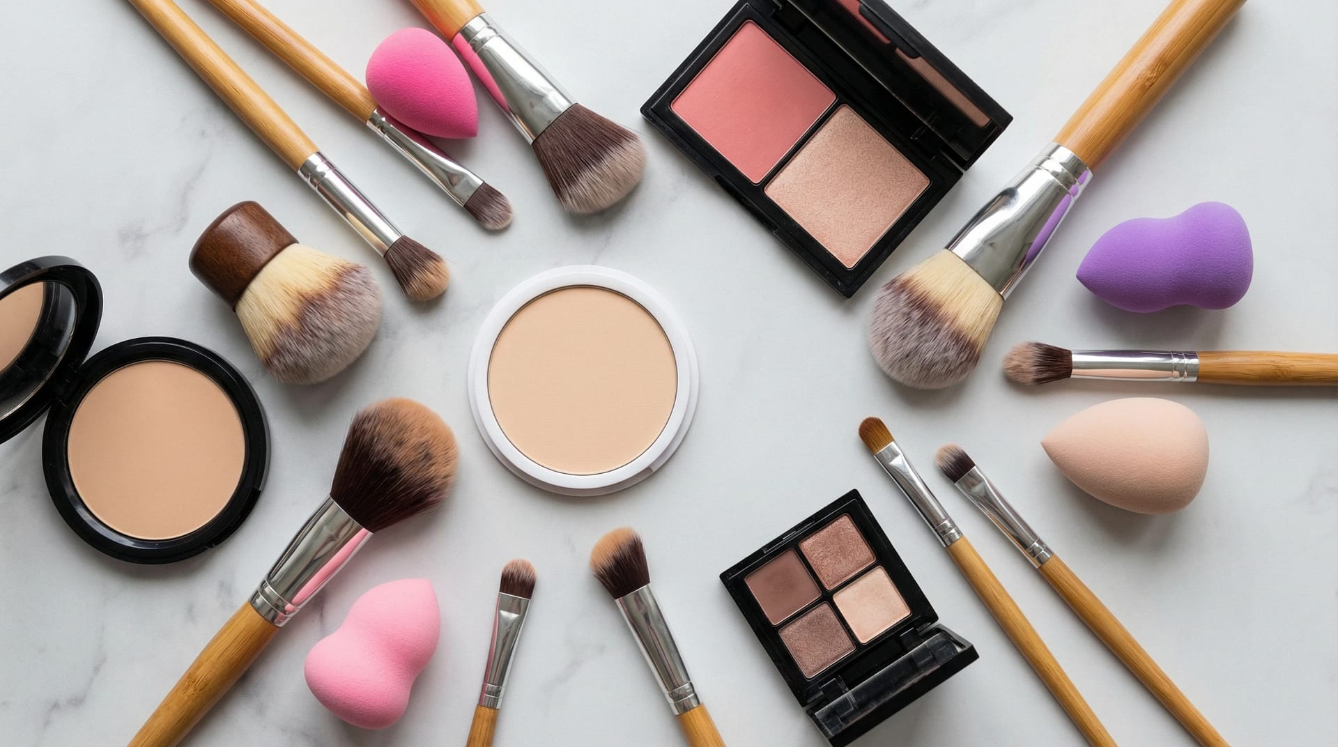 Makeup Mistakes To Avoid For A Flawless Finish A flat lay of various makeup brushes, makeup sponges, and powder compacts neatly arranged on a clean, light background