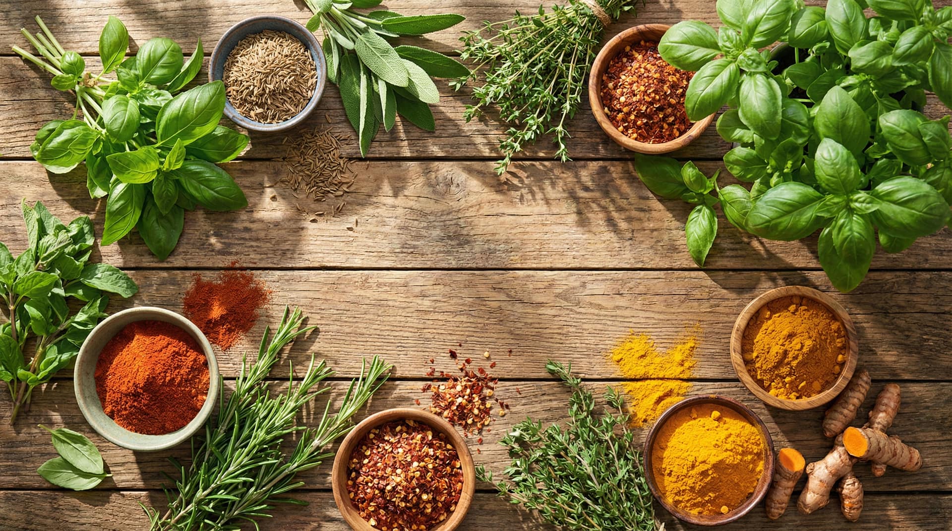 Top 7 Herbs And Spices To Elevate Your Cooking An assortment of fresh herbs and colorful spices lined up on a wooden kitchen table; bright light highlights the varied textures and natural hues of the ingredients.