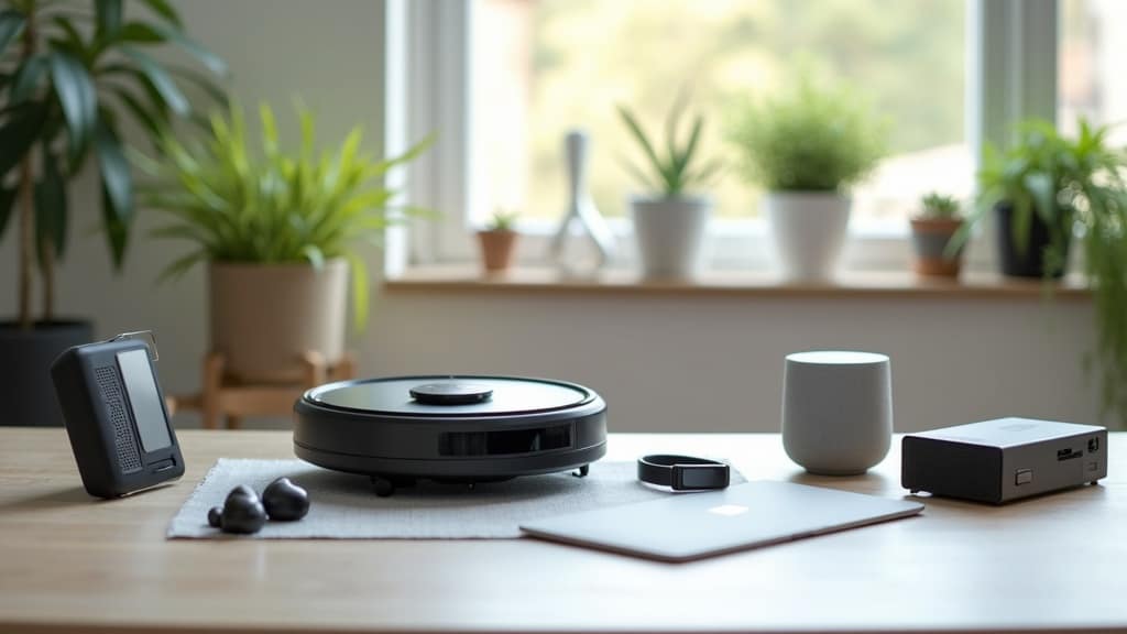 Game-Changing Gadgets You Need To Know About An assortment of innovative modern gadgets on a clean desk beside a potted plant and coffee mug.