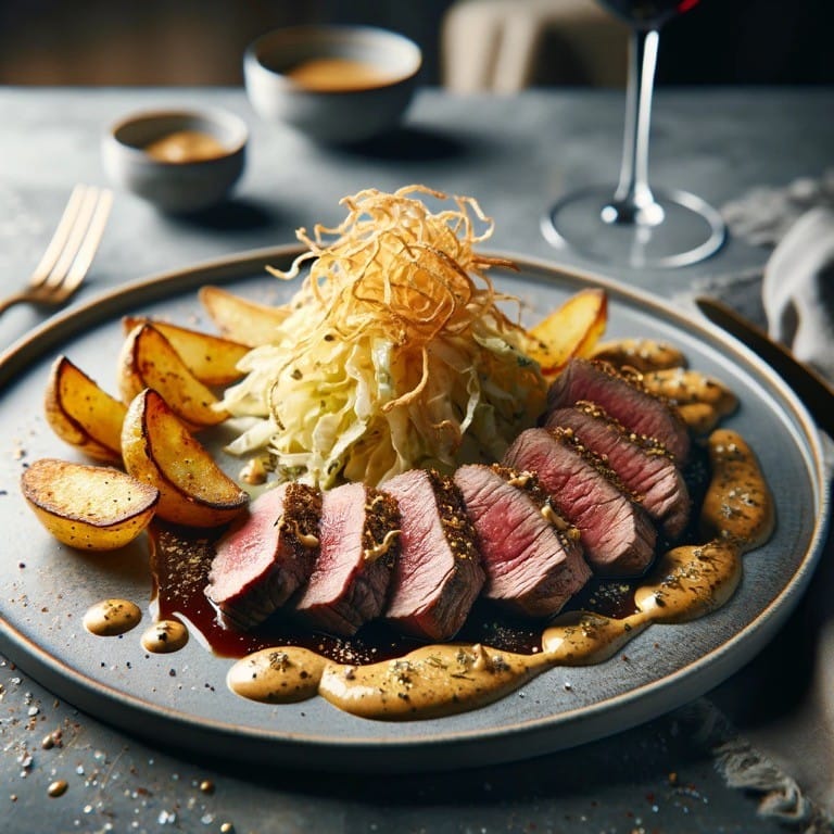 Gebakken Lamsfilet Met Spitskool En Knapperige Aardappelen. Een Sausje Op Basis Van Mosterd. En Passende Drank