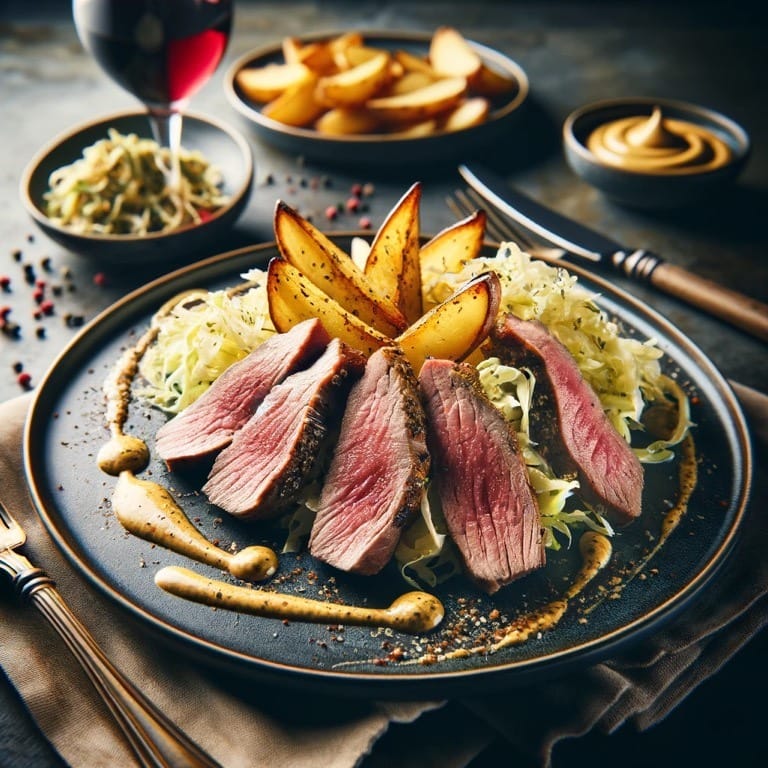 Gebakken Lamsfilet Met Spitskool En Knapperige Aardappelen. Een Sausje Op Basis Van Mosterd. En Passende Drank