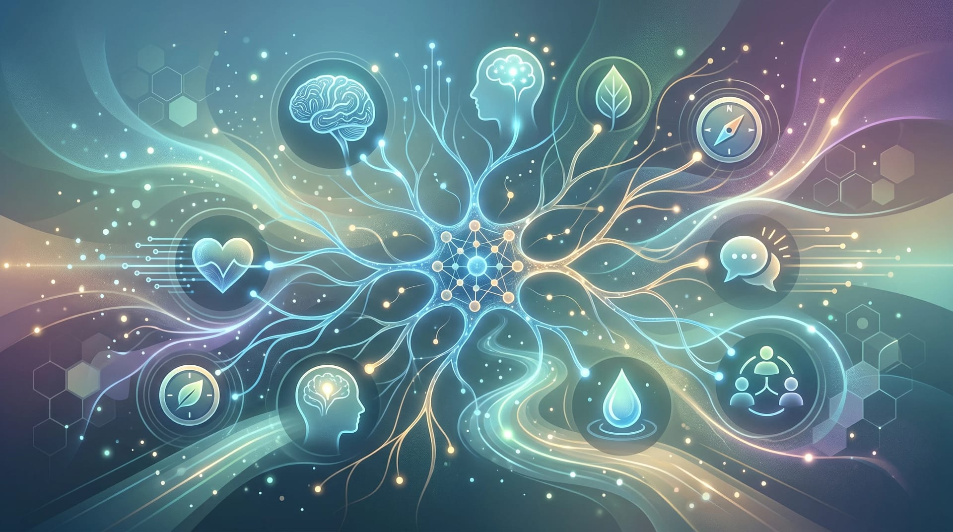 A conceptual image of AI technology being applied in a digital mental health platform, represented by a softly-glowing neural network pattern and abstract digital interface icons