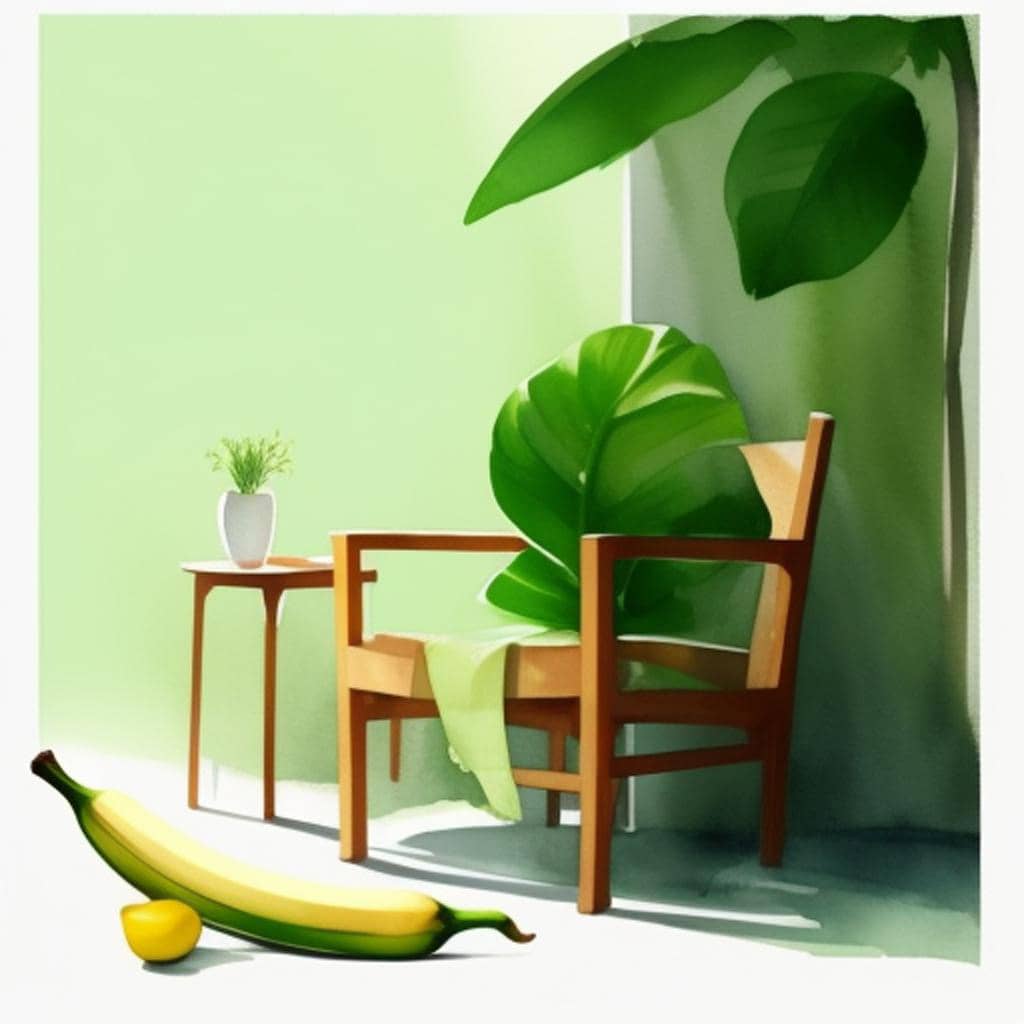 Banana haiku, banana tree, green leaves, a ripe banana, a chair, a morning's gift received, nature's lullaby