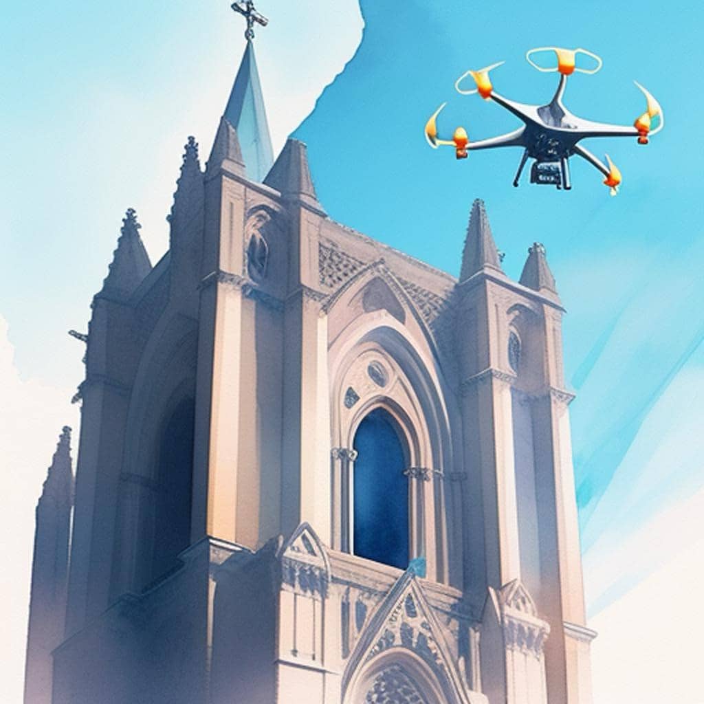 In the vast expanse of azure skies so high, A drone takes flight, a sentinel to the eye. Above a hallowed place of ancient grace, It captures angles with its steady embrace.