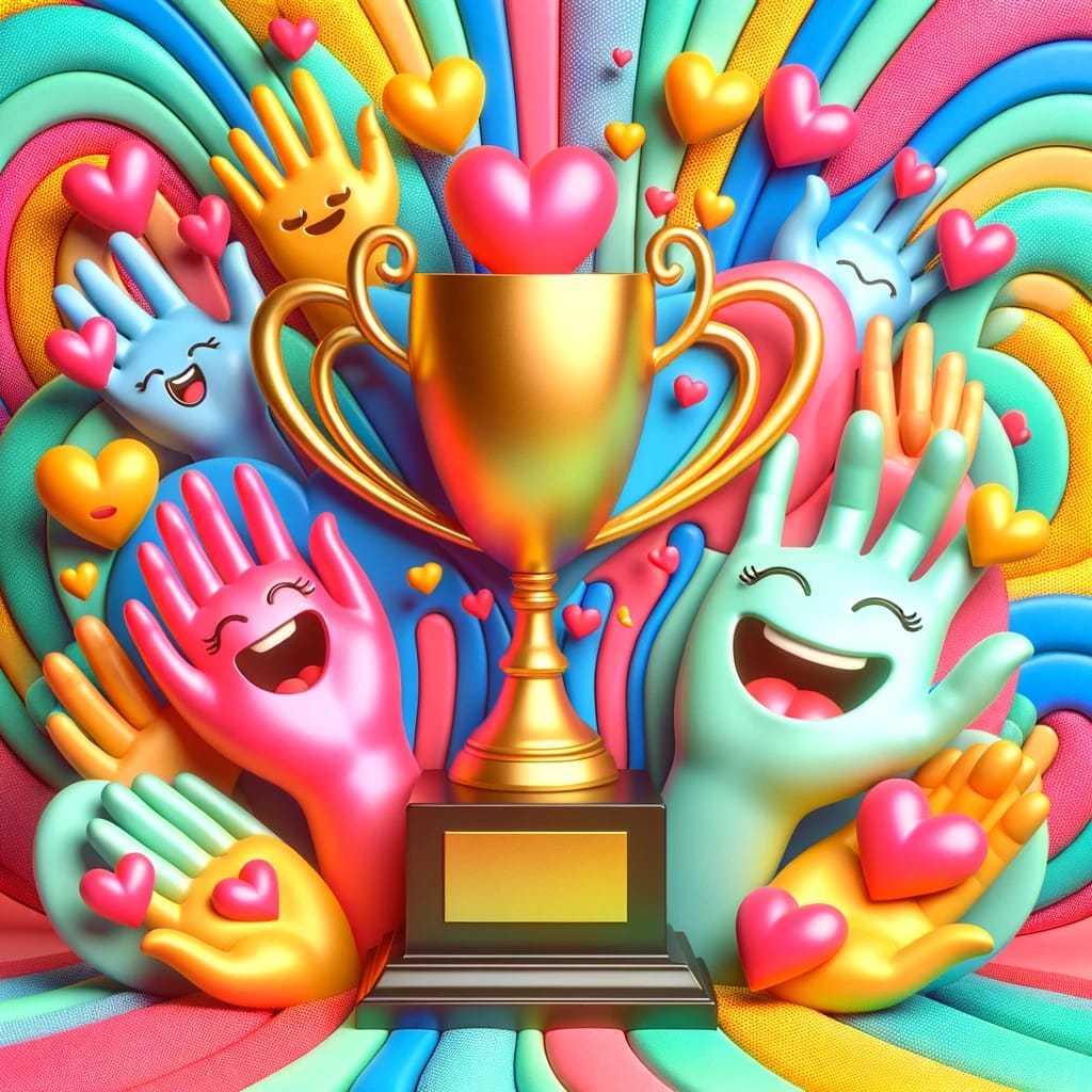 trophies and heart hands dance in a fantastical, colorful world