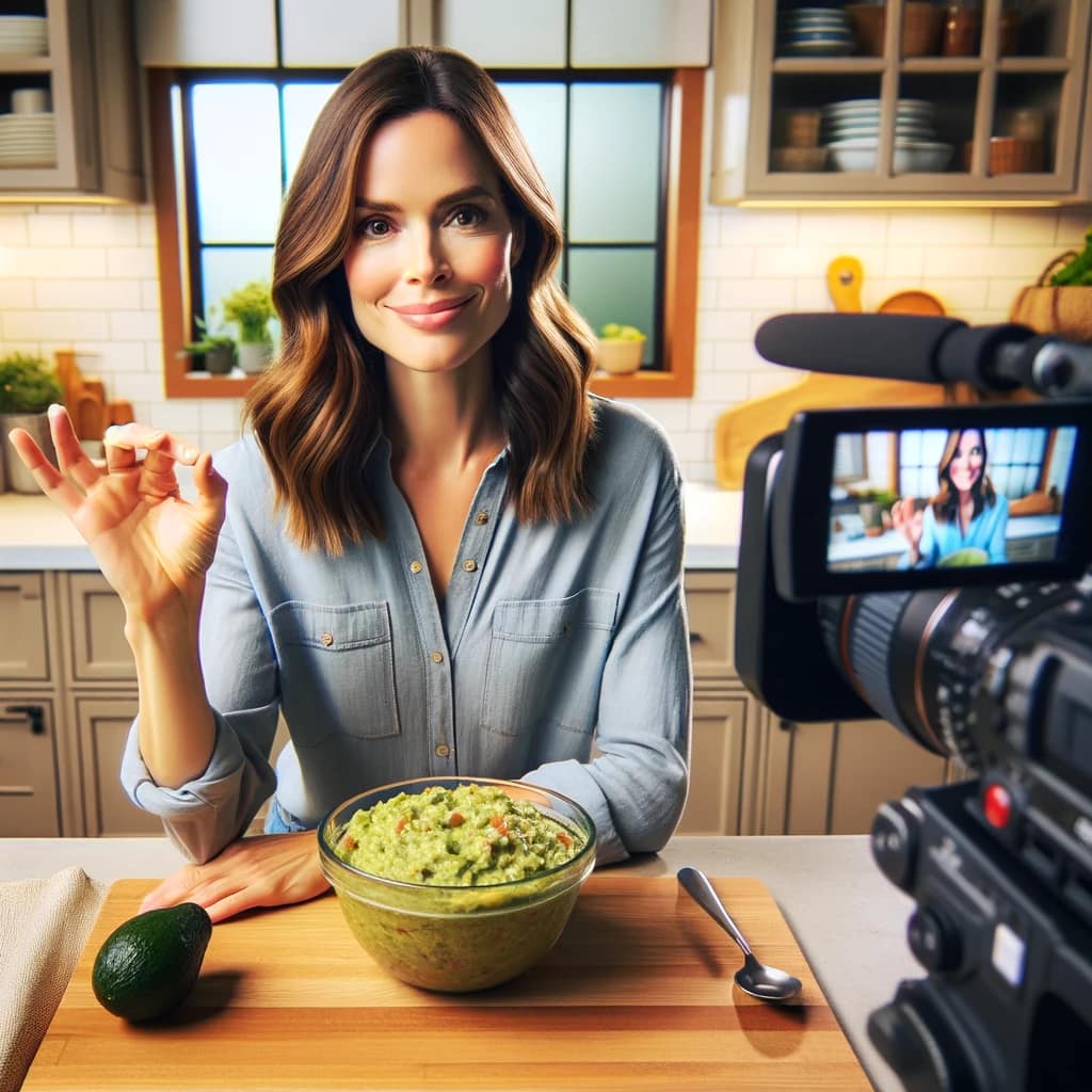 A short recipe video exercice 9 Here's the final scene of your cooking show, with the host presenting the completed homemade guacamole.