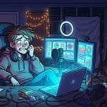 The 5 Vlog Analytics Numbers That Actually Matter (And What To Do About Each) 2 A vlogger sits in a dim room, face lit by the cold blue glow of a laptop screen showing a sprawling analytics dashboard, their expression caught between hope and dread as they lea