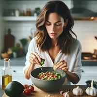 Here is the image depicting the host adding diced tomatoes to the mashed avocado.