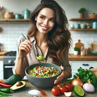 Here's the image of the host mixing and tasting the guacamole, a key step in ensuring the perfect flavor