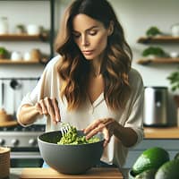 A short recipe video exercice 6 Here's the image where the host is adding minced garlic and squeezing lime juice into the guacamole.