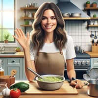 A short recipe video exercice 10 Here's the image of the cooking show host waving goodbye to the audience, concluding the show on a warm and inviting note.