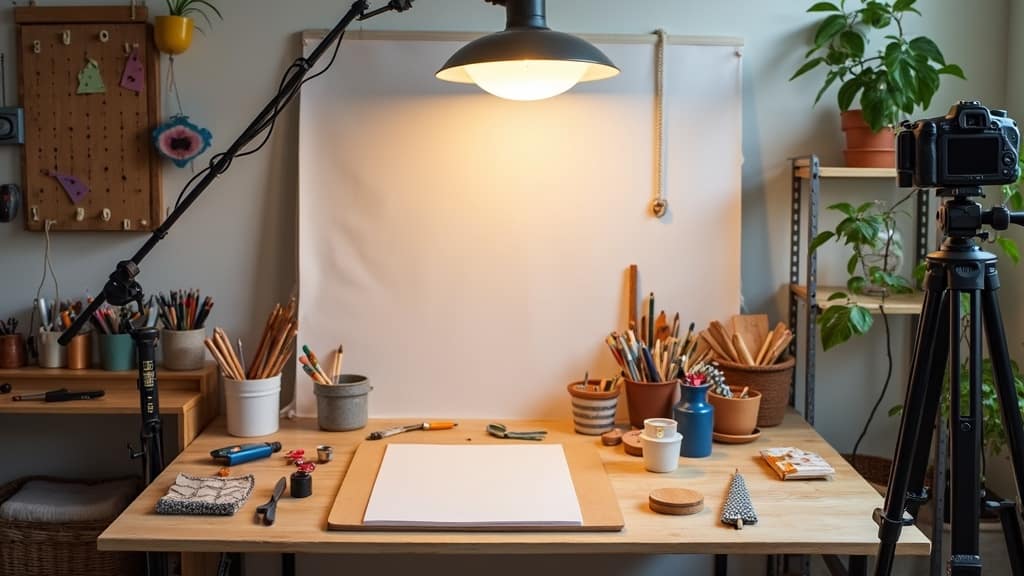 How To Start A DIY Vlog Tips And Tricks 1 A well-lit workspace with camera equipment, tools, craft supplies, and a tripod set up for filming a DIY vlog project