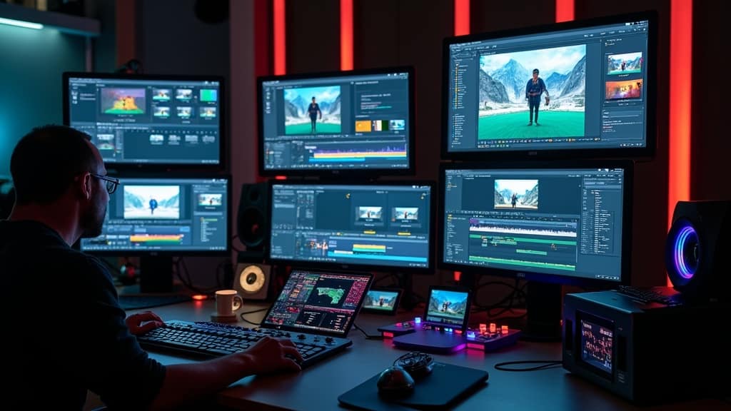 Master Transitions In Vlog Editing 1 An assortment of video editing tools, screens showing video timelines, and color wheels in a bright editing studio.