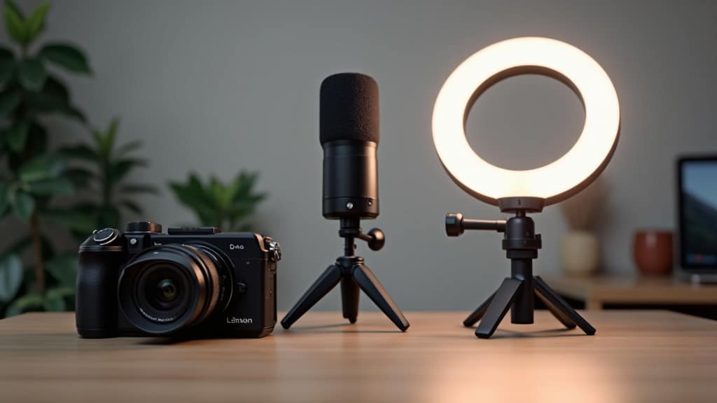 Video production equipment for vlogging on a desk.