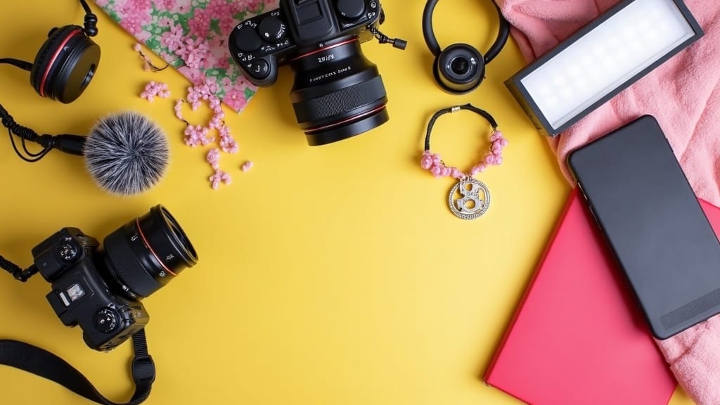 Fashion Event Coverage Through Vlogs 1 A collection of stylish video cameras, lights, and vlogging equipment on a table with fashion accessories, in a well-lit, vibrant environment.