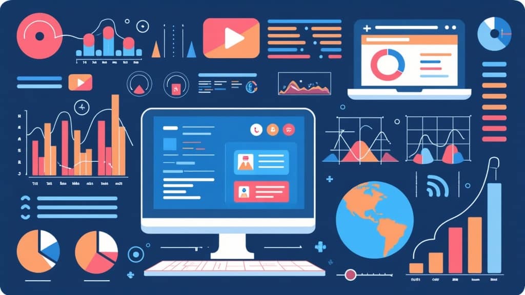 A colorful data dashboard showing analytics charts for online video performance.