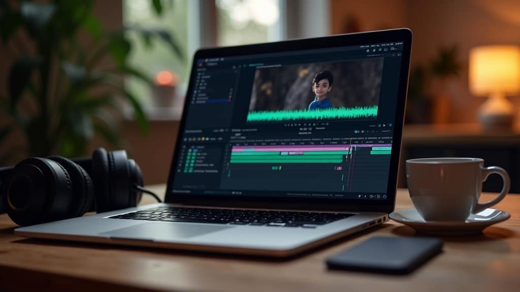Close-up of a laptop editing a vlog timeline with waveforms, and headphones next to it. A coffee mug sits to the side on a wooden desk.