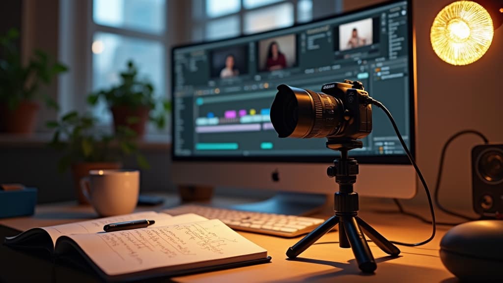 Vlogging Mistakes And Learning From Them 1 A cozy desk setup with a camera, microphone, and video editing software open on a screen. A notebook with scribbles and ideas lies nearby. Coffee mug included for full vlogger vibes.