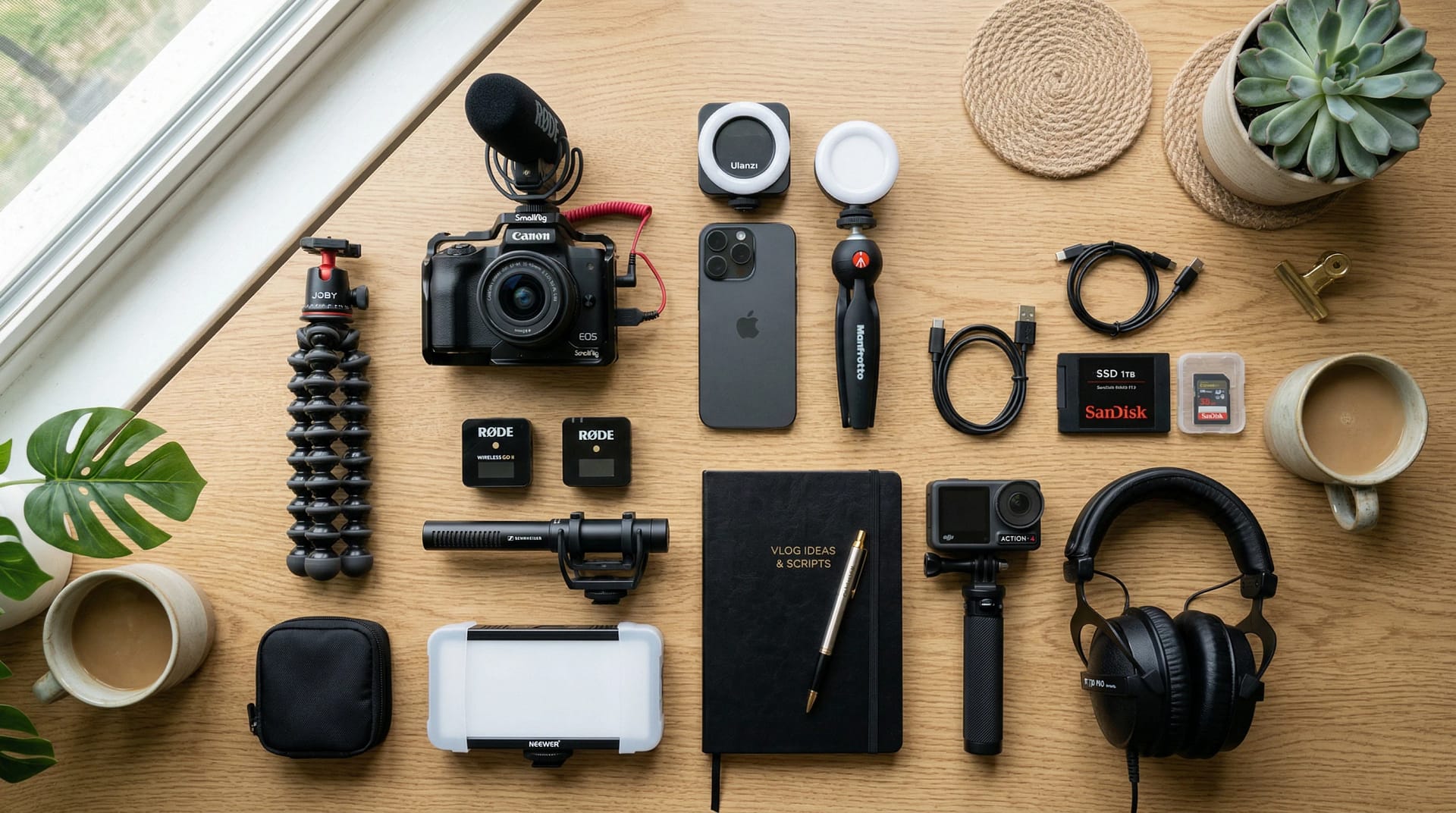 The Evolving Landscape Of Vlogging / Adaptation & Innovation 1 A creative flat lay of different vlogging gear including a camera, microphone, tripod, and smartphone on a modern desk background.