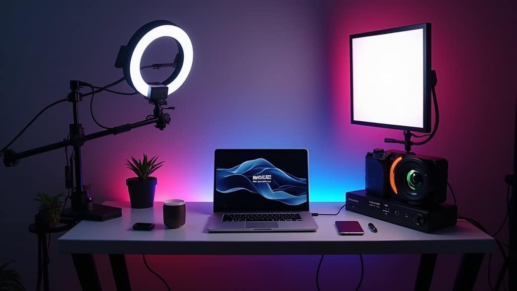 Lighting equipment set up for vlogging, featuring softbox, ring light, and LED panel arranged around a camera on a desk, with colorful backdrop lighting.