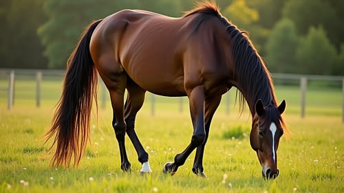 A classic Thoroughbred horse grazing in lush green pasture, early morning sunlight highlighting its sleek coat
