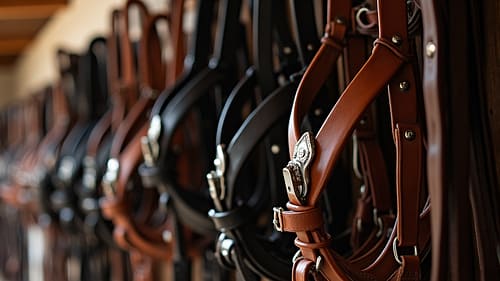 A close-up of different types of horse bridles hanging in a tack room