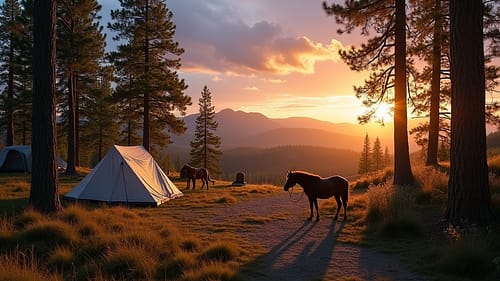 A peaceful equestrian campsite set in a pine forest, with horses tied to a highline and tents pitched nearby, under a colorful dawn sky.