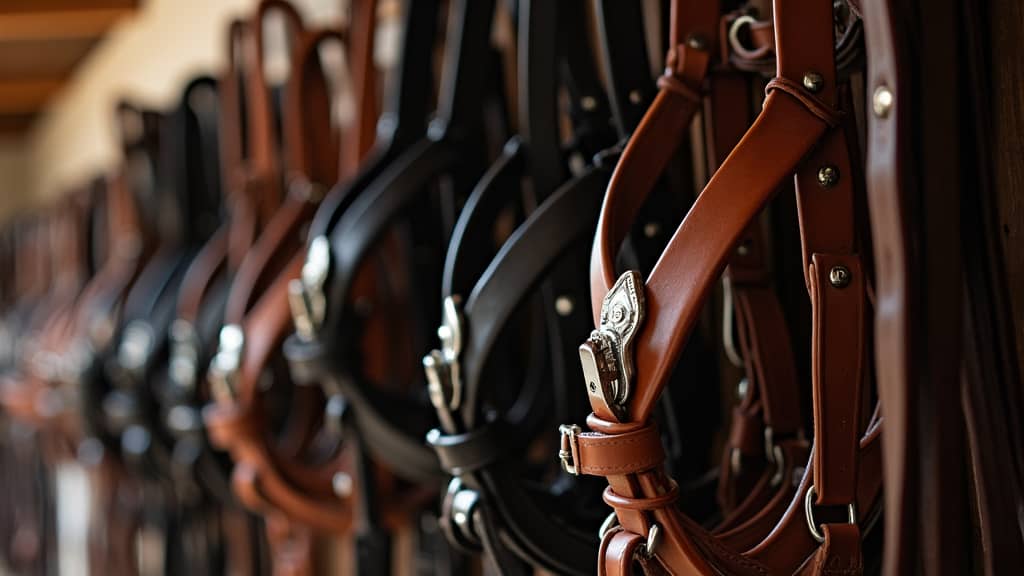 A close-up of different types of horse bridles hanging in a tack room