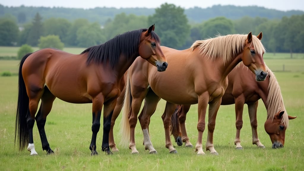 A group of horses grazing in a pasture, with visible differences in color and build, showcasing equine diversity influenced by genetics.