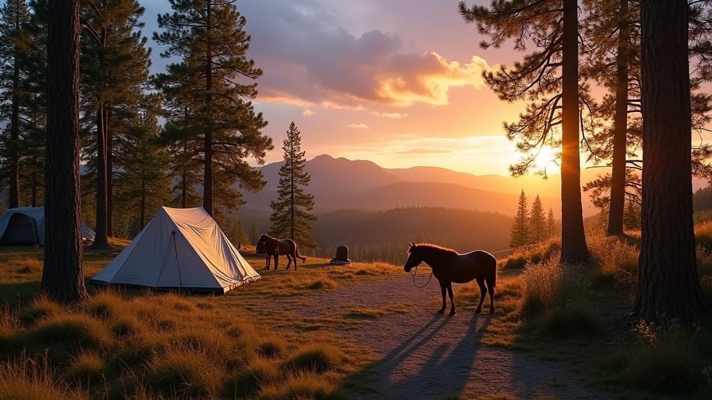 A peaceful equestrian campsite set in a pine forest, with horses tied to a highline and tents pitched nearby, under a colorful dawn sky.
