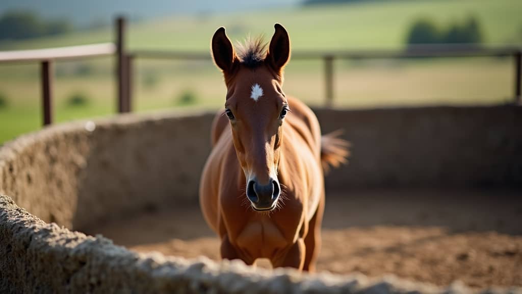 A young horse calmly standing in a round pen, ears forward, natural light, rural background