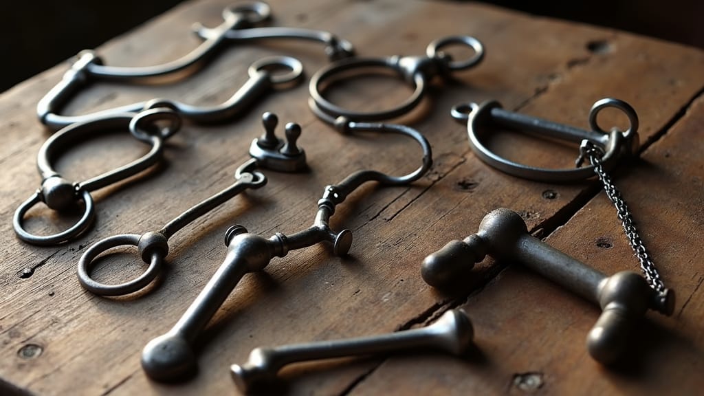 Close-up image of a variety of horse bits arranged on a wooden table