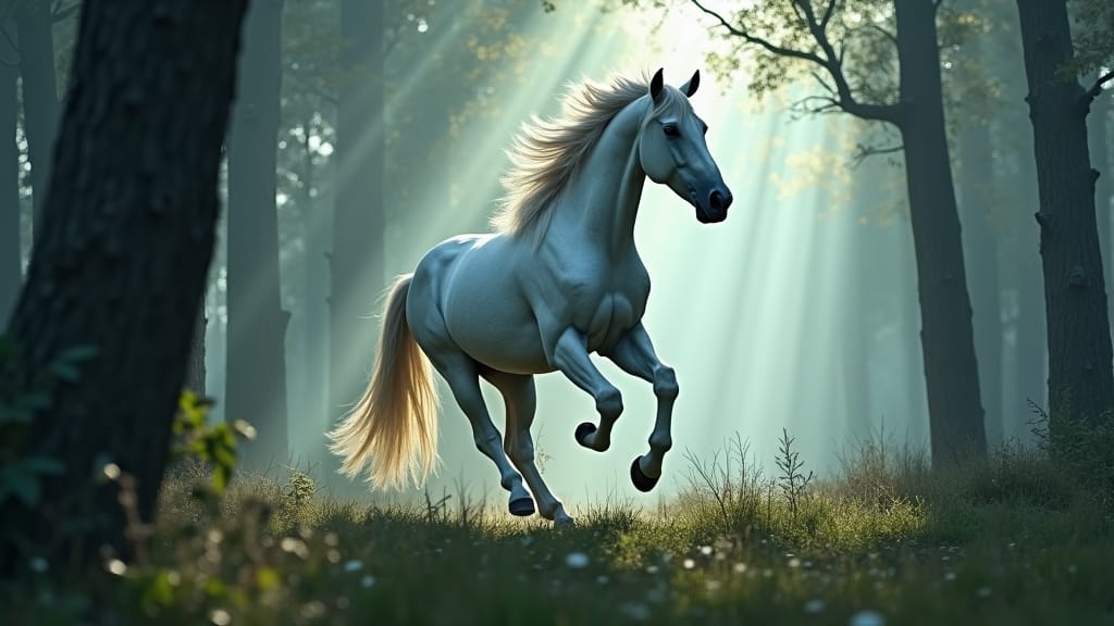 Silver-maned horse galloping in a misty enchanted forest; mythic atmosphere