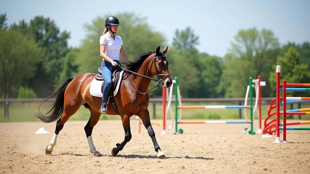 A horse and rider practicing in a sand arena with colorful jumping poles under a bright sky.