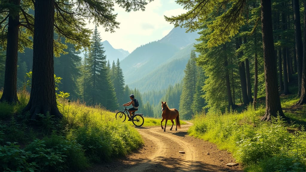 A winding dirt trail through a sun-dappled forest with mountains in the distance