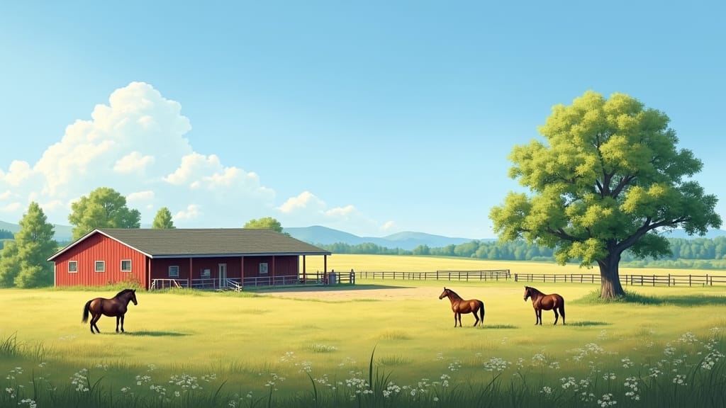 Equestrian business setting with horses grazing in a field