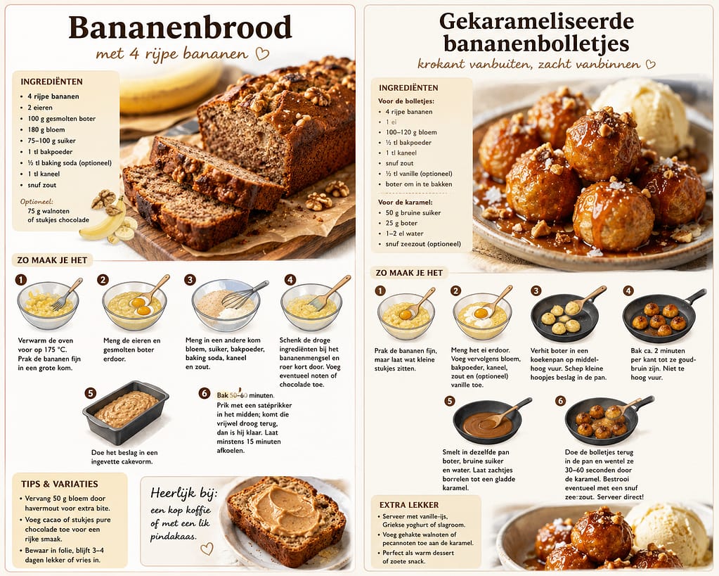 bananenbrood en gekaramelliseerde bananenbolletjes. lekkere bananentoetjes.