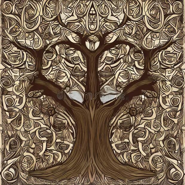 Yggdrasil and scandinavian people. A Norse myth and cosmology. The well of Urd and fates.