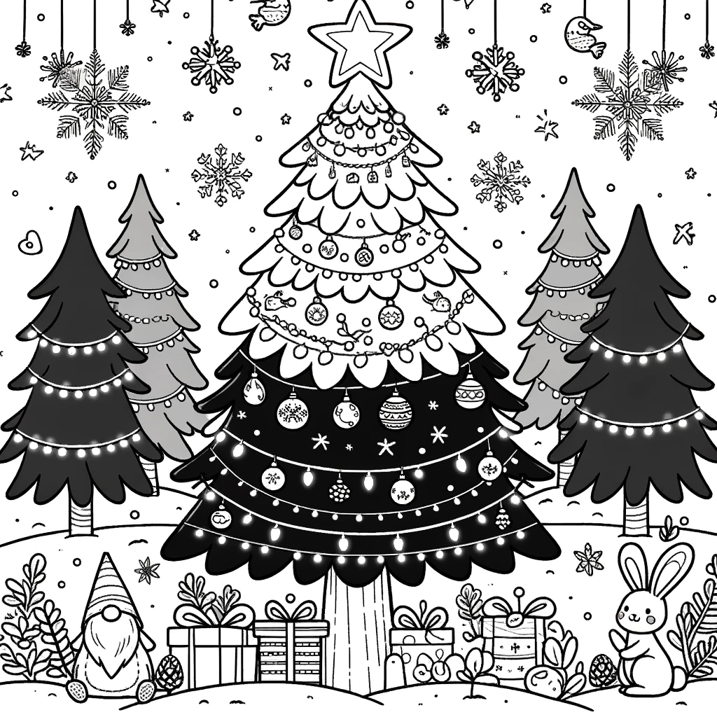 Coloring page of a beautiful Christmas tree