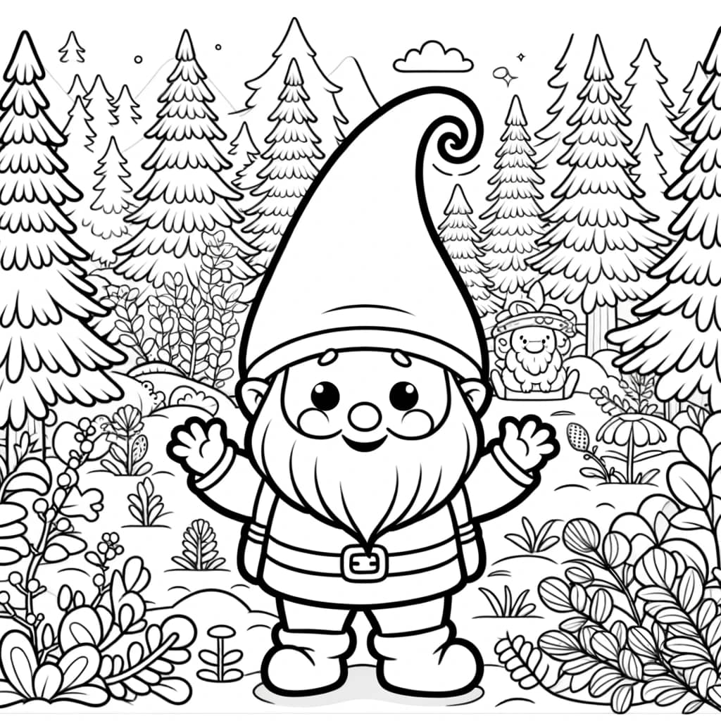 A coloring page with Twinkle Pete in a Nordic forest