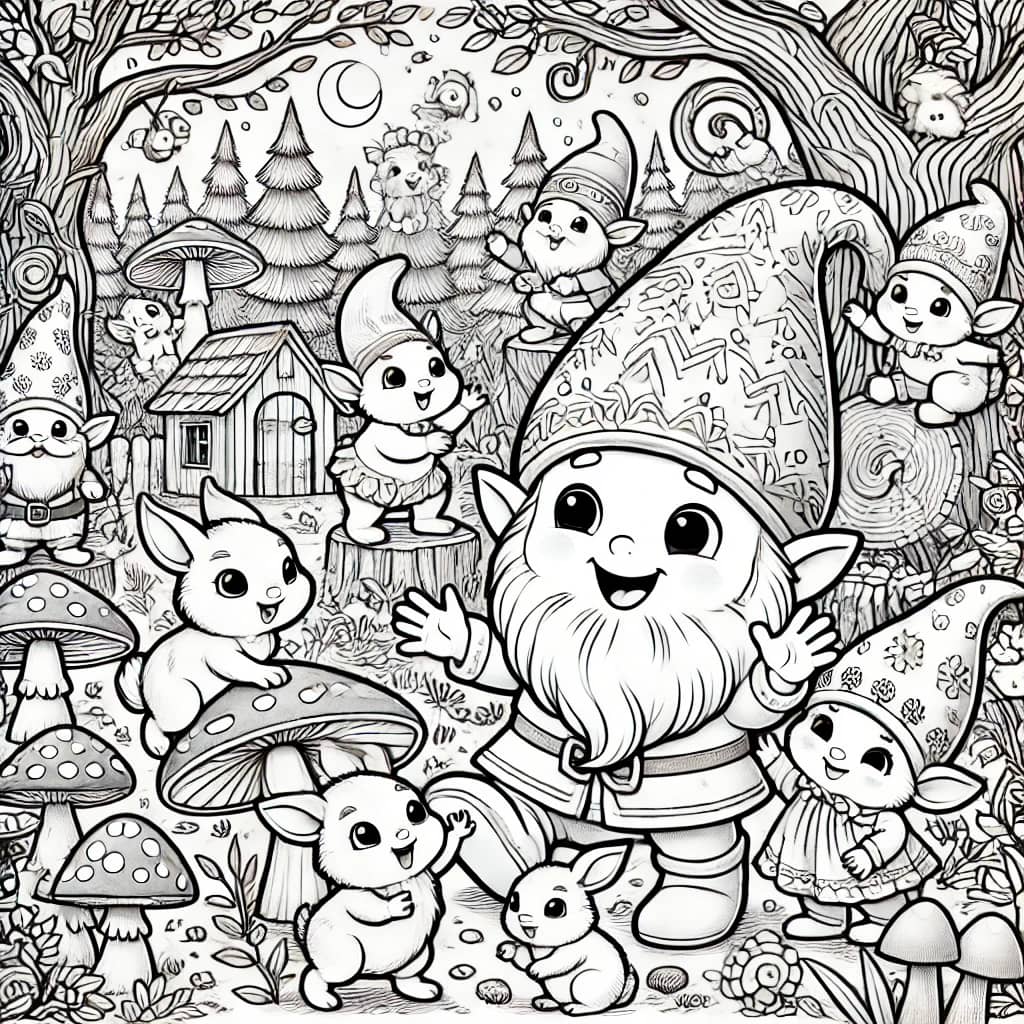 Coloring picture of Pirrewitje and his friends in the forest