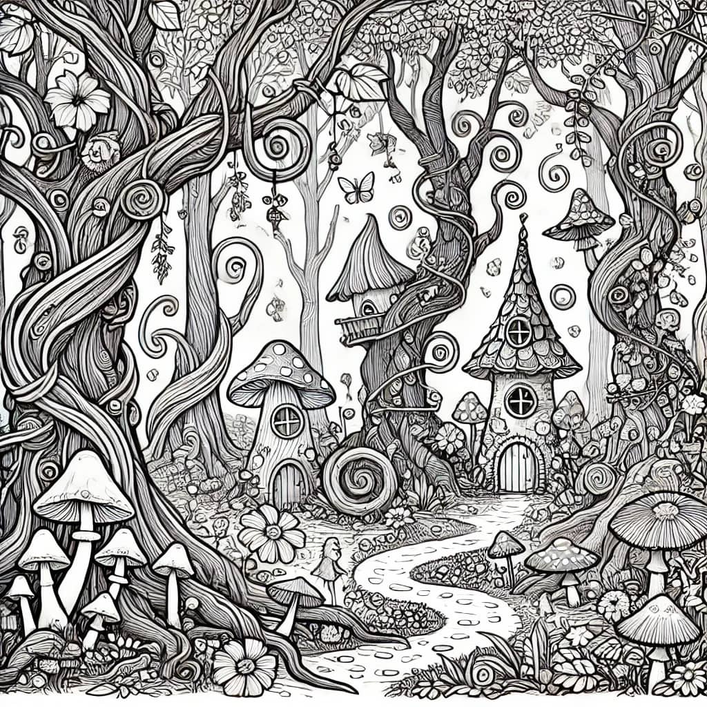 A coloring picture of the fairytale forest 