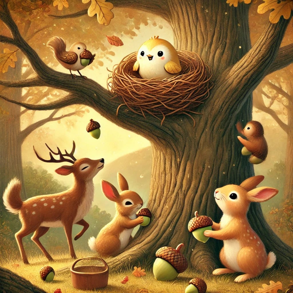 Peep, Nibble, Hop, and Grace in their cozy woodland scene, working together with warm autumn colors all around. 