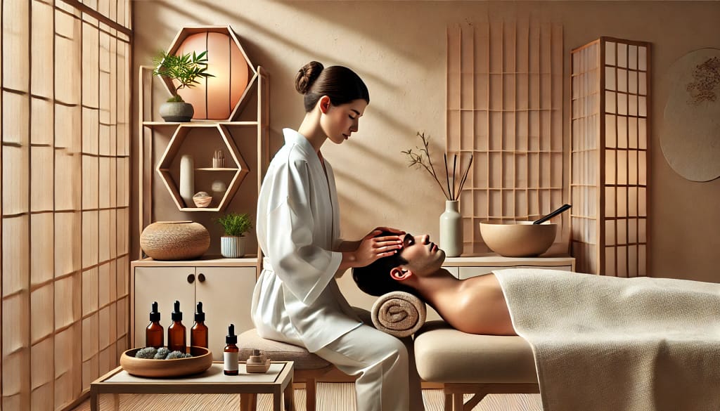 A serene Japanese head spa scene that captures the tranquil atmosphere and the professional care provided during the treatment.
